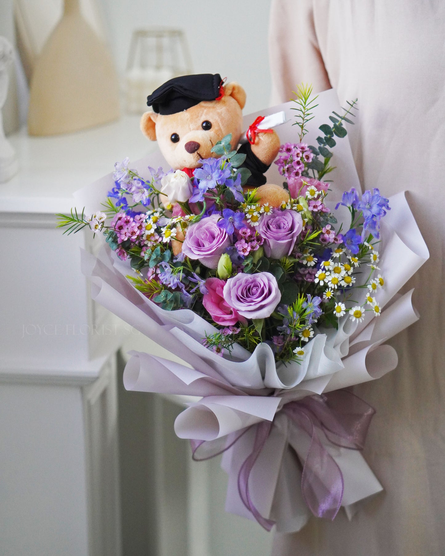 Rose Graduation Bouquet with Bear  - Purple rose