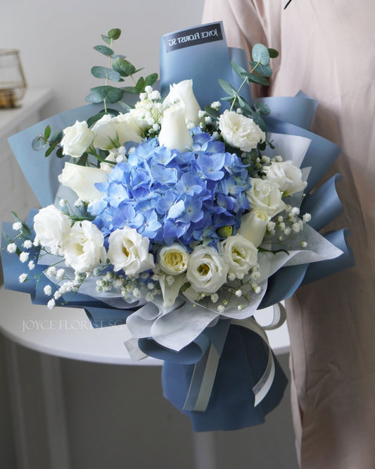 Hydrangea Bouquet - Blue Hydrangea & White Rose