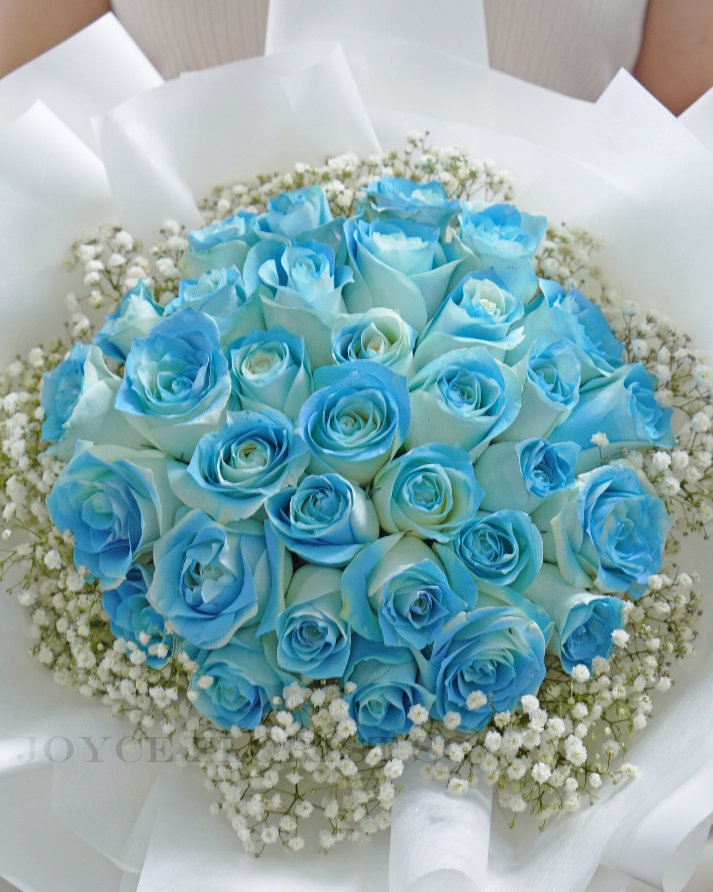 Fresh Flower Bouquet - 33 Blue Roses & Baby Breath