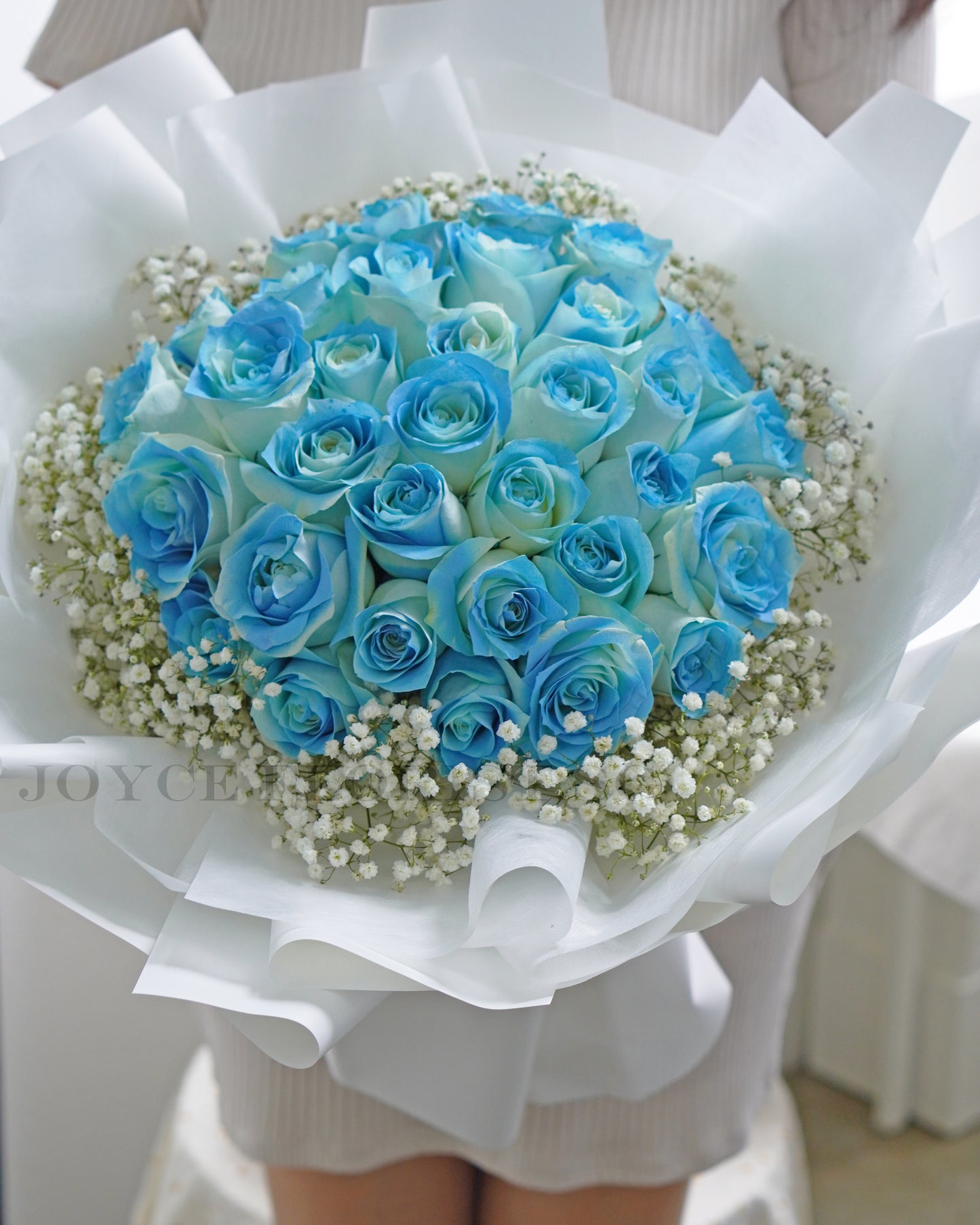 Fresh Flower Bouquet - 33 Blue Roses & Baby Breath