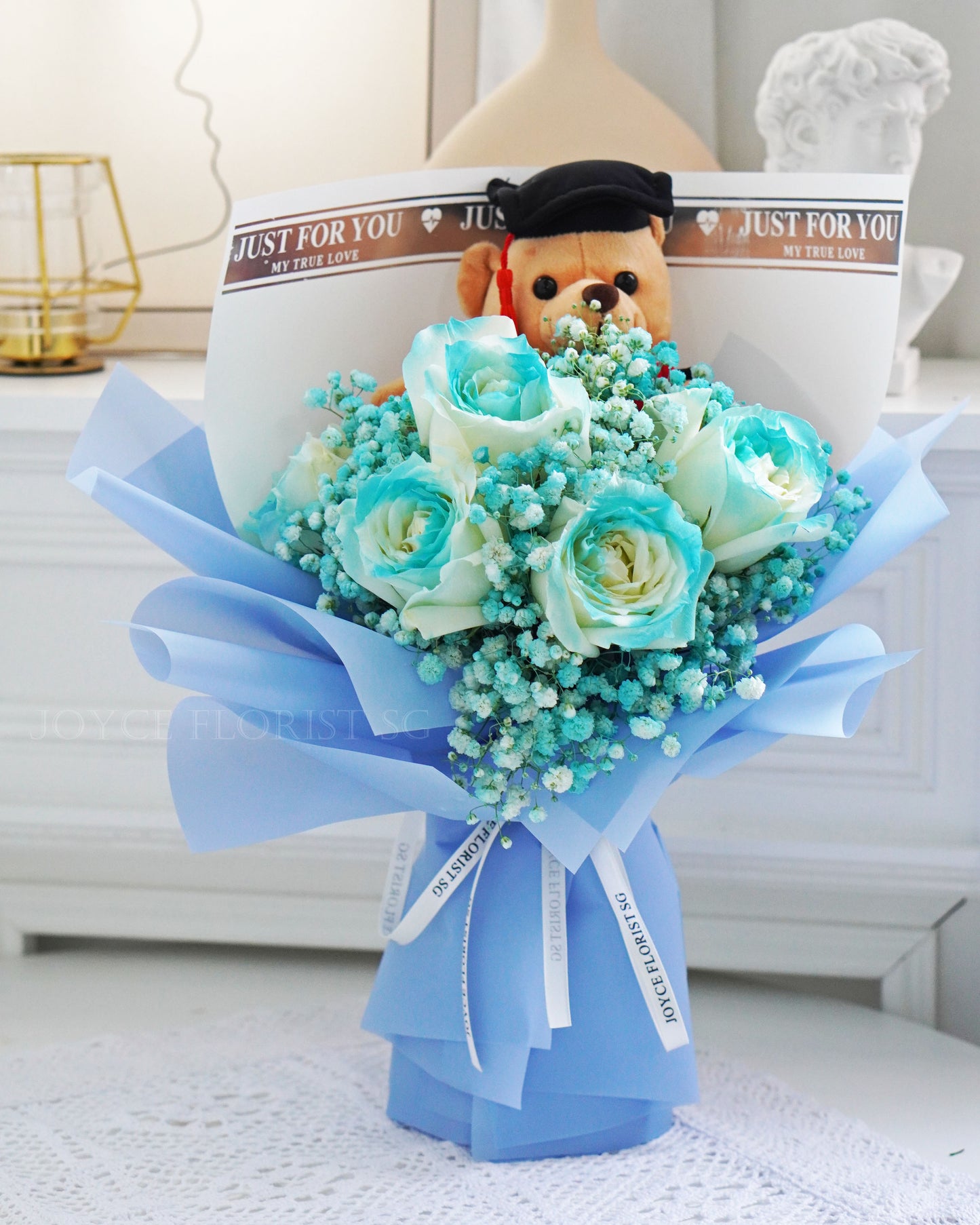 Graduation Bouquet With Bear - Blue Lagoon