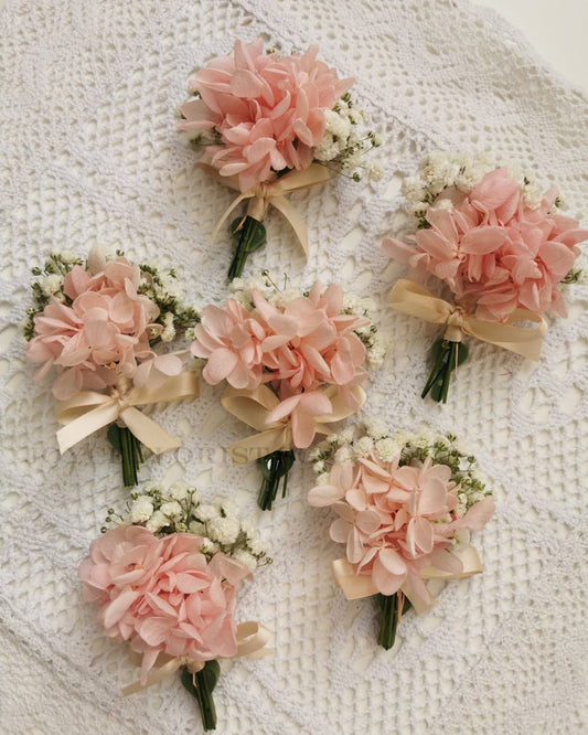 Boutonniere - Preserved Pink Hydrangea & Baby Breath