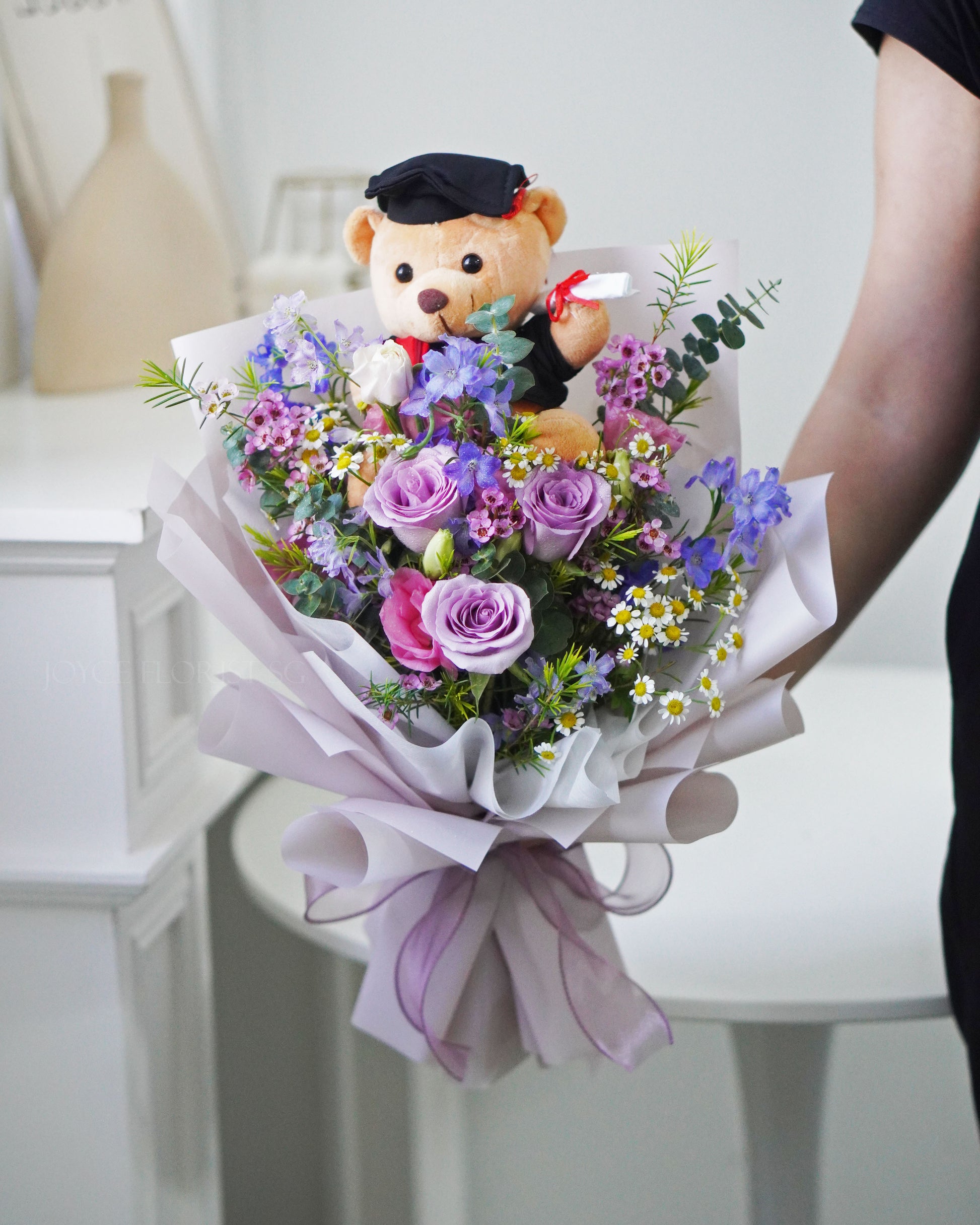 Rose Graduation Bouquet with Bear  - Purple rose