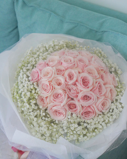 Fresh Flower Bouquet - 33 Pink Roses & Baby Breath